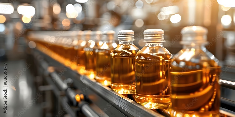 Bottles filled with liquid on factory conveyor belt awaiting labeling. Concept Bottling Process, Factory Automation, Manufacturing Efficiency Bottles filled with liquid on factory conveyor belt awaiting labeling. Concept Bottling Process, Factory Automation, Manufacturing Efficiency