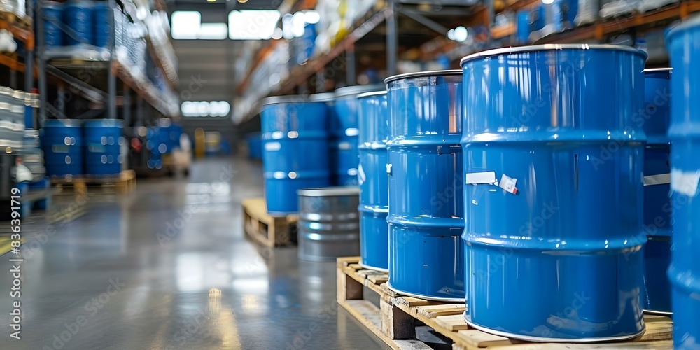 Chemicals in blue drums on pallets in warehouse for industrial dispatch. Concept Chemical Storage, Industrial Warehouse, Blue Drums, Pallets, Dispatch Operations Chemicals in blue drums on pallets in warehouse for industrial dispatch. Concept Chemical Storage, Industrial Warehouse, Blue Drums, Pallets, Dispatch Operations