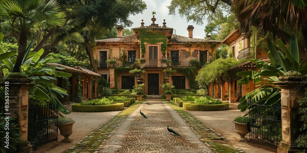 Fototapeta premium Grandeur of the Past: Historic Country Mansion with Peacocks, generative ai