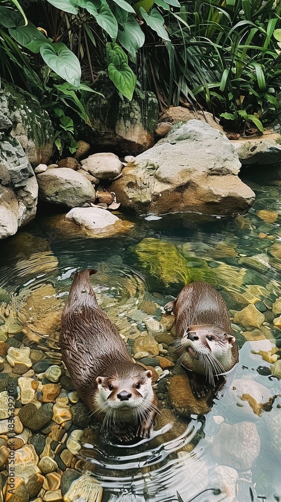 Naklejka premium A pair of otters playfully swimming in a clear stream, surrounded by rocks and greenery