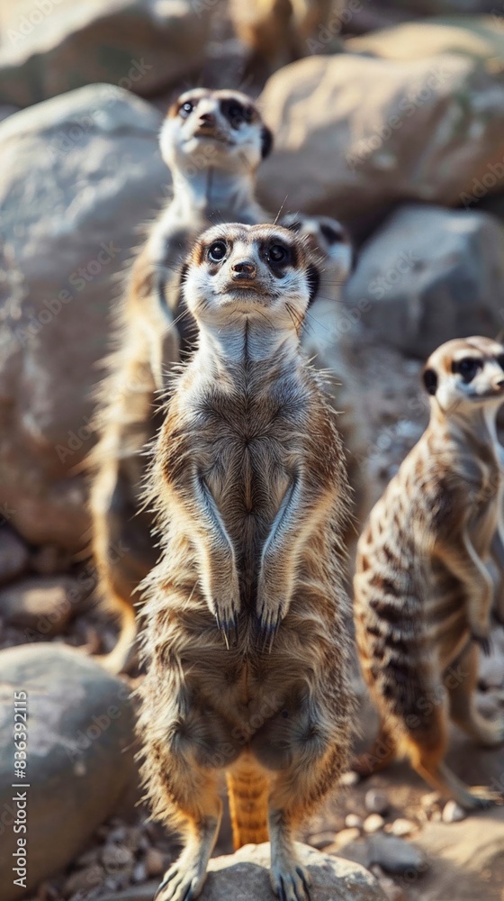 Fototapeta premium A playful group of meerkats standing upright and alert, surrounded by rocks
