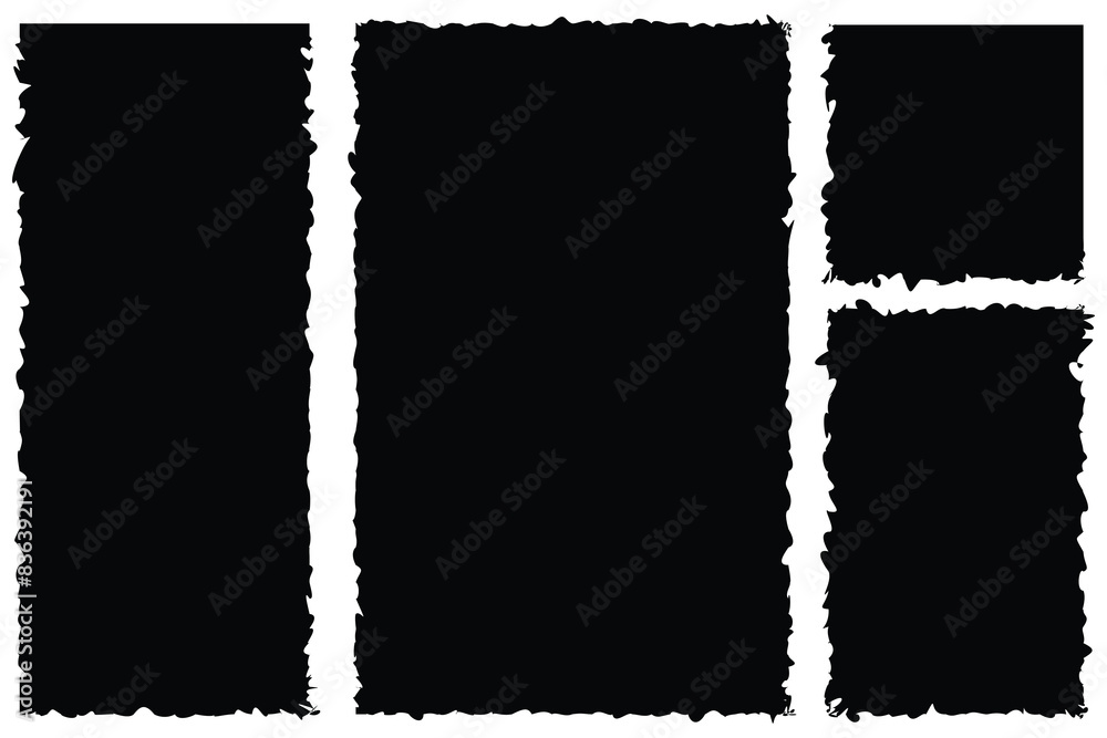 Set of torn paper pieces. Black grunge jagged rectangle frames. Vector torn paper sheet for sticker, collage, banner. Ripped shapes silhouettes isolated on white background. Eps10.