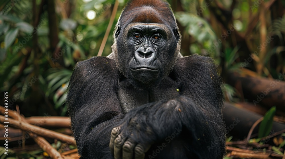 An imposing gorilla sitting pensively, the dense jungle forming a dramatic background