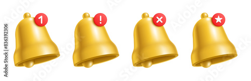 Vector set of yellow bells with different red notification symbols, including number one, exclamation point, cross, and star, isolated on a white background. photo