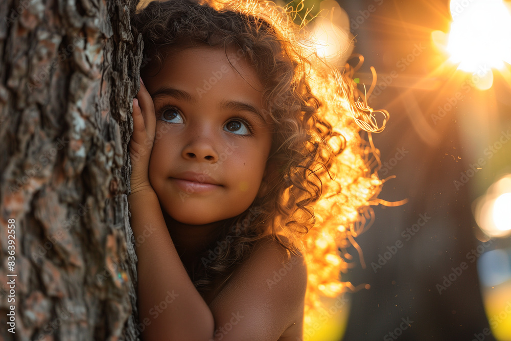 Young black girl hugging a tree. Child tree hugger. Climate net zero ...