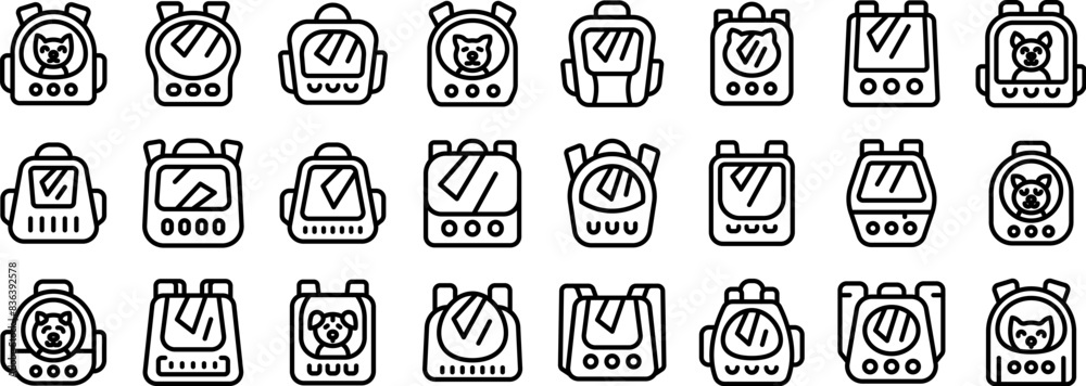 Backpack pet icons outline set vector. A series of cartoonish robot faces with a dog on one of them. The faces are all lined up in a row