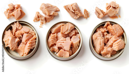 Collage with pieces of canned tuna on white background