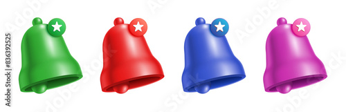 Vector set of four different colored bells with star notification signs, isolated on a white background.