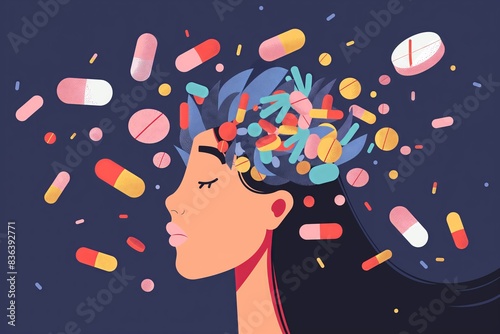 Depression illustration with pills, antidepressant and health life concept photo