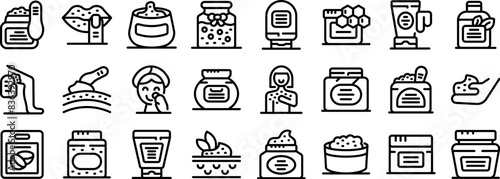 Cosmetic scrub icons outline set vector. A collection of various items related to beauty and personal care. The items include a bottle of lotion, a jar of face cream, a bottle of shampoo, and a bottle