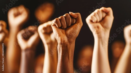 A group of people of different skin colors raising their fists in solidarity. AIG535 photo