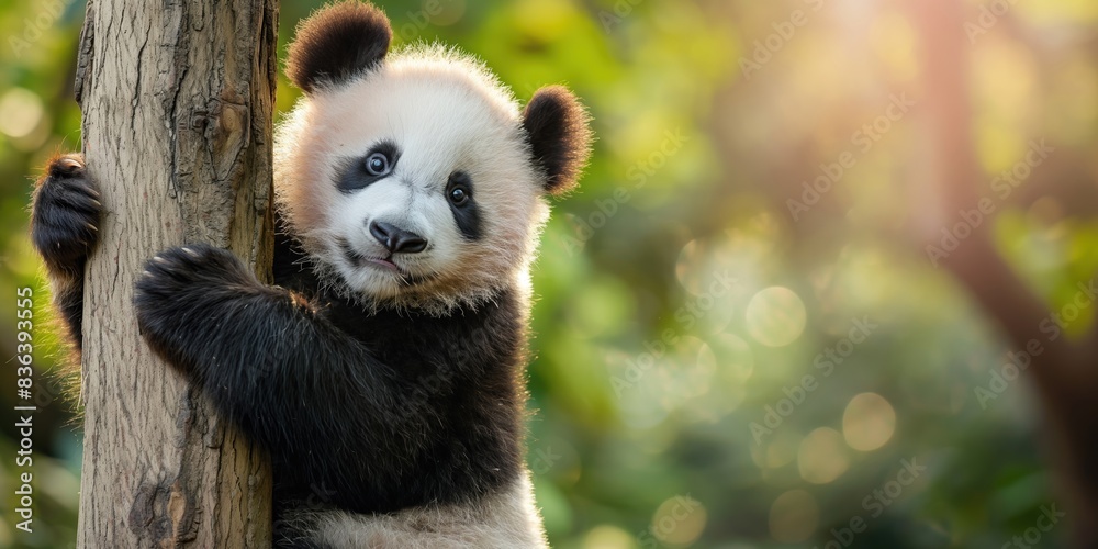 Obraz premium A baby panda is hugging a tree trunk. Concept of warmth and comfort, as the panda appears to be seeking shelter and protection from the outside world. The scene also evokes a feeling of innocence
