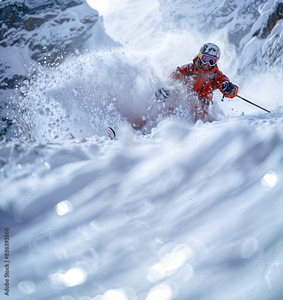 Man Skiing Down Snow Covered Slope Man Skiing Down Snow Covered Slope