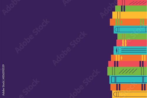 Book illustration on a purple background. Literary education in flat style with copy space. Concepts for web banner, background, wallpaper, advertising. Vector illustration.