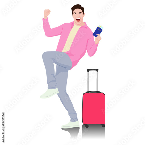 Young man tourist with passport and tickets celebrating success. Male in casual clothes with a suitcase. Young male traveler goes on a journey. Vector illustration isolated on white