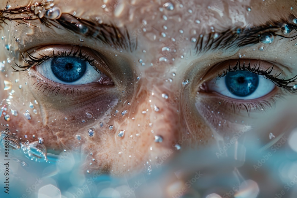 Macrophoto de una mujer saliendo del agua, close-up de la mirada de una mujer saliendo del agua Macrophoto de una mujer saliendo del agua, close-up de la mirada de una mujer saliendo del agua