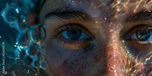 Macrophoto de una mujer saliendo del agua, close-up de la mirada de una mujer saliendo del agua photo