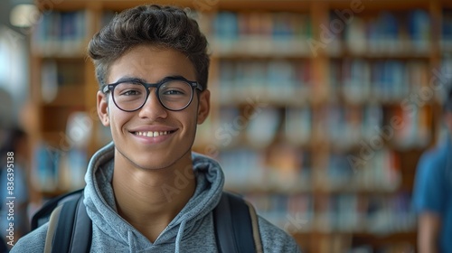 A cheerful male student with glasses and a backpack is smiling in a library with shelves of books