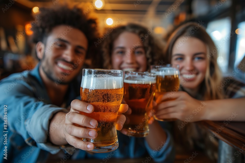 Young friends smiles as they raise their pints of beer at a brewery Young friends smiles as they raise their pints of beer at a brewery
