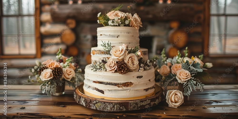 Rustic Forest Cake with Birch Bark and Pinecones, generative ai Rustic Forest Cake with Birch Bark and Pinecones, generative ai