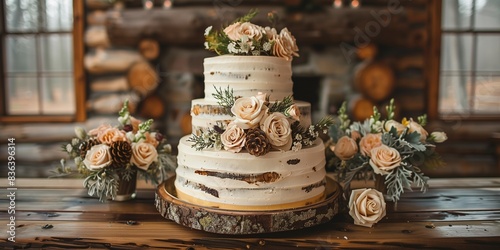 Rustic Forest Cake with Birch Bark and Pinecones, generative ai