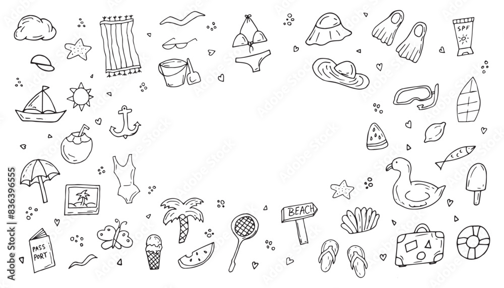 Summer hand-drawn drawings, elements for beach parties, recreation and travel. drawing on a white background. the art of doodling. black and white drawing. stickers. stickers. set.