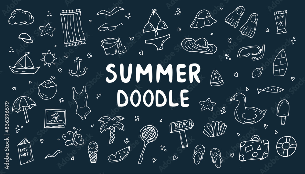Summer hand-drawn drawings, elements for beach parties, recreation and travel. drawing on a white background. the art of doodling. black and white drawing. stickers. stickers. set. Summer hand-drawn drawings, elements for beach parties, recreation and travel. drawing on a white background. the art of doodling. black and white drawing. stickers. stickers. set.