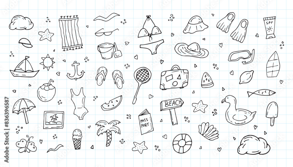 Summer hand-drawn drawings, elements for beach parties, recreation and travel. drawing on a white background. the art of doodling. black and white drawing. stickers. stickers. set. Summer hand-drawn drawings, elements for beach parties, recreation and travel. drawing on a white background. the art of doodling. black and white drawing. stickers. stickers. set.