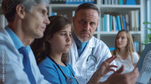 A doctor using a genetic testing tool to explain results to a concerned family a dynamic and dramatic composition, with cope space