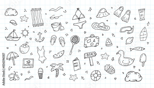 Summer hand-drawn drawings, elements for beach parties, recreation and travel. drawing on a white background. the art of doodling. black and white drawing. stickers. stickers. set.