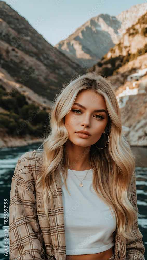 Stunning portrait of a beautiful woman influencer and model with blonde hair highlights