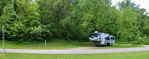 Fifth wheel camping in the woods at Mississippi Palisades State Park, Illinois