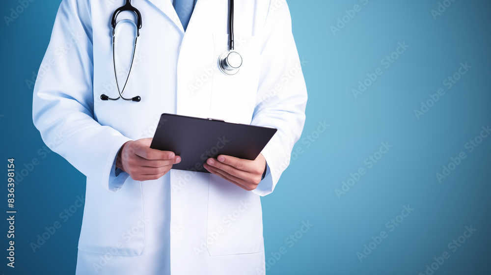 A professional doctor standing in front of a solid blue background A professional doctor standing in front of a solid blue background
