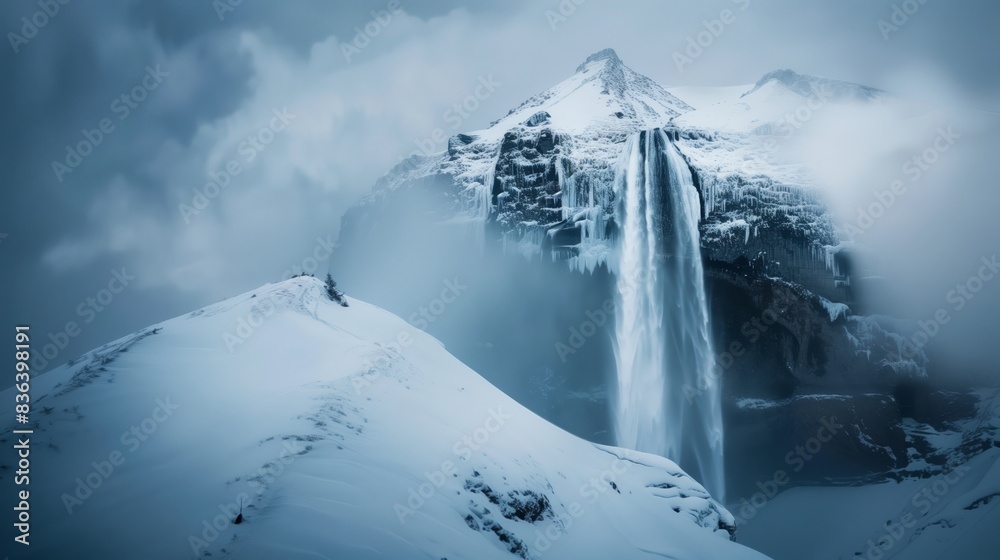 Fototapeta premium A snowy mountain peak and a frozen waterfall create a breathtaking, chilly winter scene.