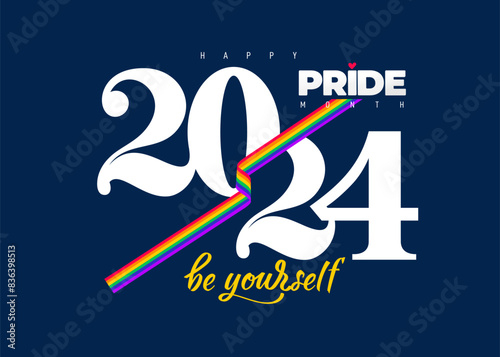 LGBT Pride Month concept. Freedom vector rainbow flag with heart. 2024 Gay parade annual summer event. Pride symbol with heart, LGBT, sexual minorities, gays and lesbians. Template designer sign, icon