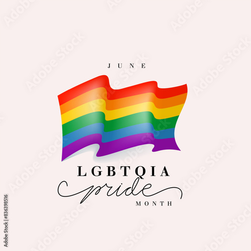 LGBT Pride Month 2024 concept. Freedom rainbow flag with hearts. Gay parade vector annual summer event. Happy pride month horizontal banner with pride striped ribbon flag isolated on grey background.