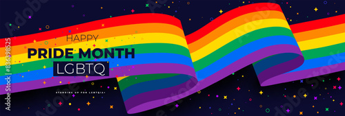 Happy pride month 2024 banner with pride color striped ribbon flag. LGBT Pride month or pride day invitation party card, poster, flyer, modern style design template. Blue vector background.