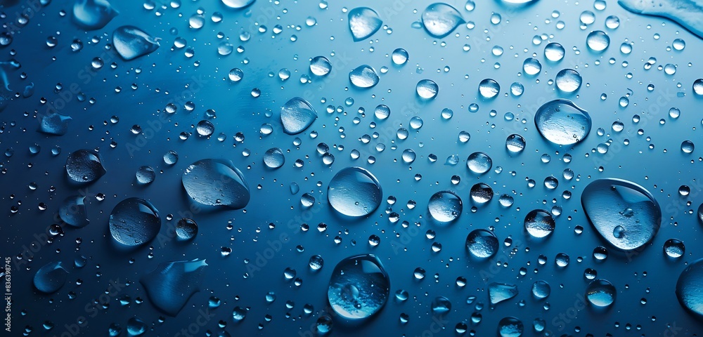 HD capture of water droplets adorning a serene blue background. HD capture of water droplets adorning a serene blue background.