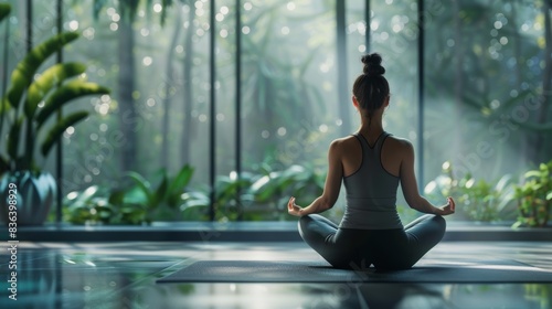 A Moment of Tranquility: A Woman Finds Peace in a Lush Green Setting During Her Morning Meditation Practice