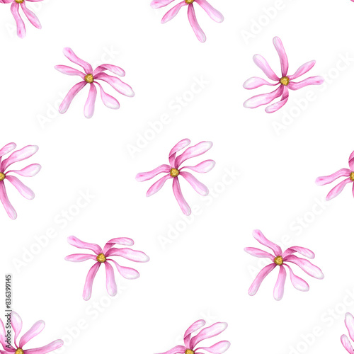 Pink magnolia flowers. Ordinary seamless pattern of spring flower heads. Delicate plants. Simple floral ornate. Watercolor illustration for wedding and birthday textile, package