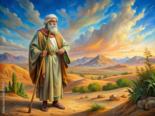 Painting of Prophet Moses in desert setting, Prophet Moses, painting, desert, man, long beard, white beard, religious, biblical, spiritual, traditional, ancient, historical, prophet, divine