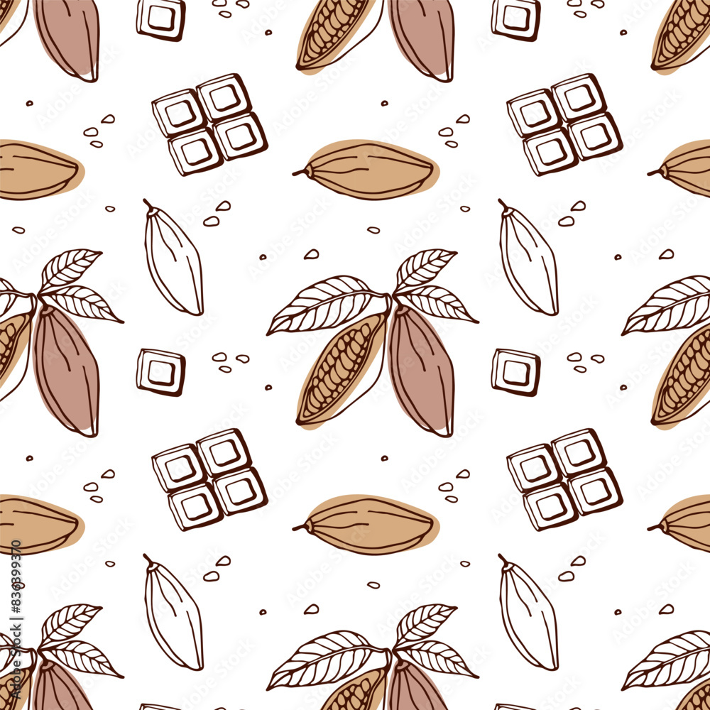 Seamless pattern with Chocolate. Hand drawn vector bar of broken chocolate and cocoa bean. Organic product Doodle sketch. Repeated background for wallpaper, wrapping, packing, textile, scrapbooking.
