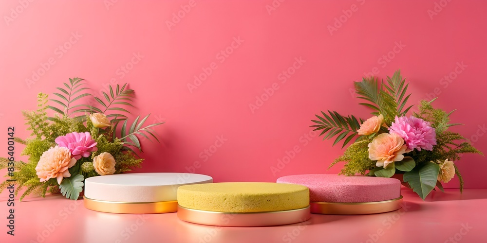 Generative ai. Three colorful cylindrical podiums (white, yellow, and pink) are aligned in the foreground against a pink background. Floral arrangements consisting of pink and peach flowers with green Generative ai. Three colorful cylindrical podiums (white, yellow, and pink) are aligned in the foreground against a pink background. Floral arrangements consisting of pink and peach flowers with green