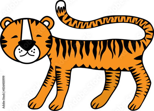 Cute tiger childish drawing isolated on white background flat vector. Cartoon tiger character.