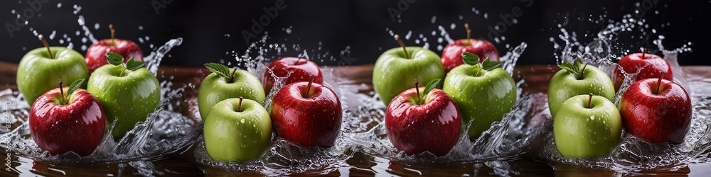 A row of apples are splashing in water
