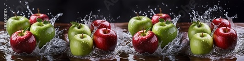 Obraz na płótnie A row of apples are splashing in water w salonie