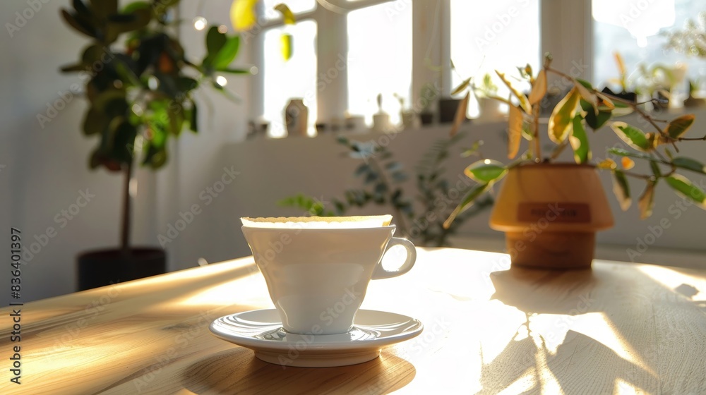 Coffee at a minimalist concept shop one white cup botany sunlight Coffee at a minimalist concept shop one white cup botany sunlight
