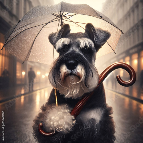 Elegant Schnauzer noble dog walking and holding a classic umbrella, gentry of victorian era theme style photo