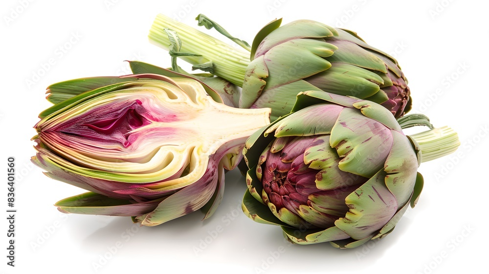 Obraz premium Fresh green artichokes with one cut in half on white background. Ideal for food blogs or cookbooks. Vibrant and detailed image. AI