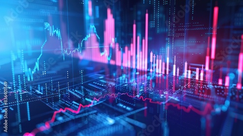 Futuristic digital stock market with red and blue neon lines. © Leafart